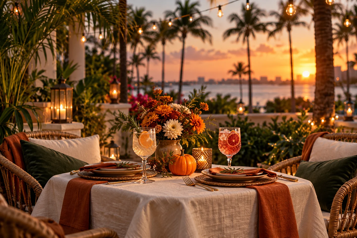 An imagined autumn table for two beneath the palms