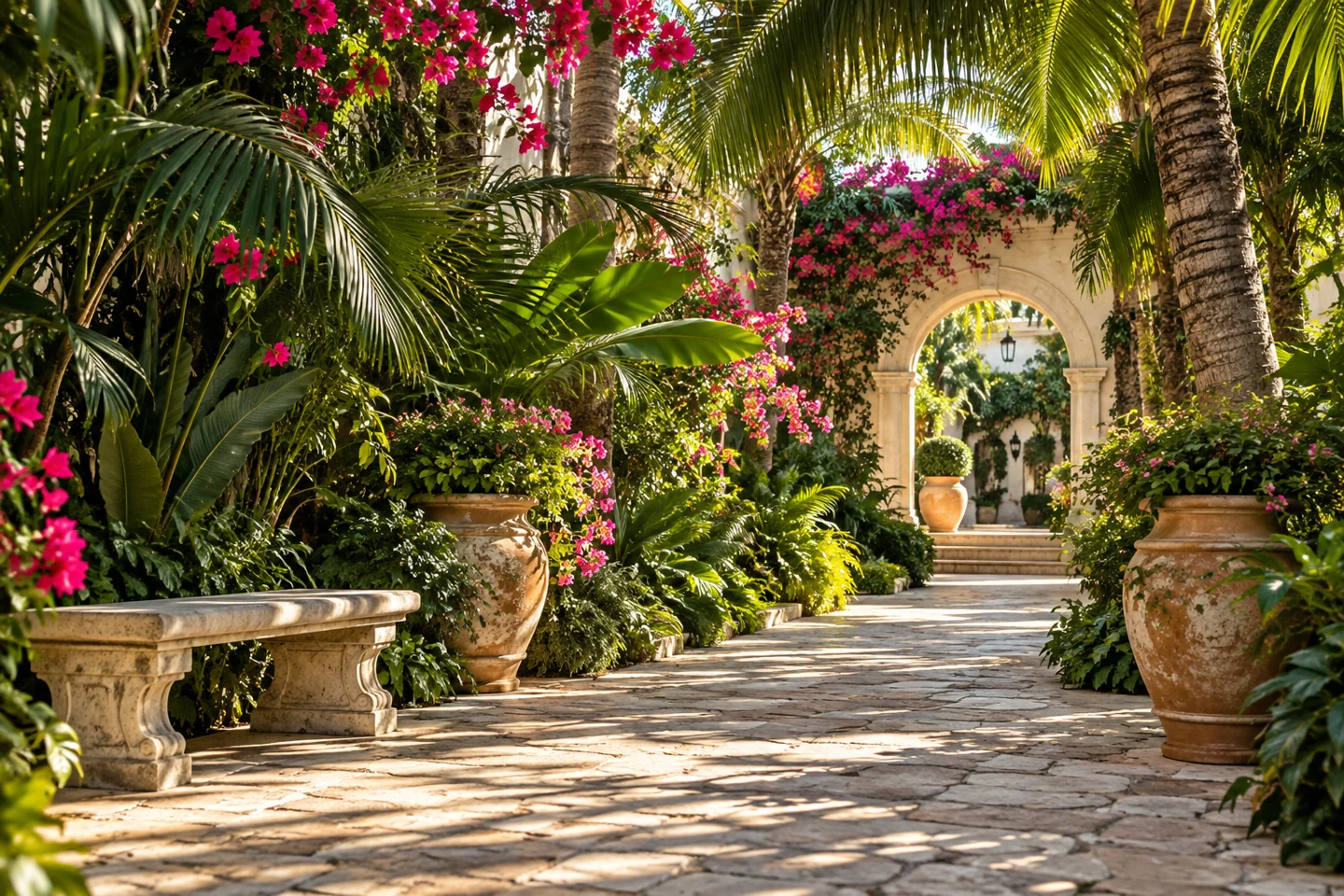 An imagined lush tropical garden with a sunlit path